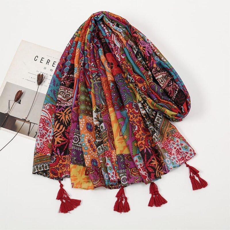 Yeieeo Boho Scarf for Women Lightweight Floral Printed Scarf Fall Winter Fashion Fringed Shawl - Image 4