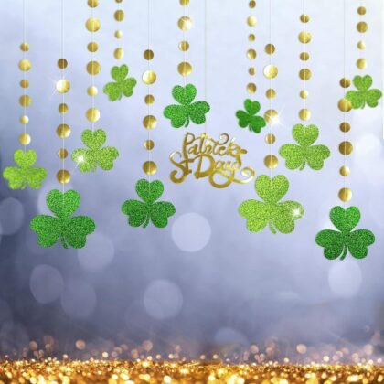 Cheerland St Patrick’s Day Decoration Shamrock Decorations Clover Hanging Streamer Garland for St Patrick’s Day Decor Irish Party Supplies Green Glitter Streamers and St Patrick’s Day Banner