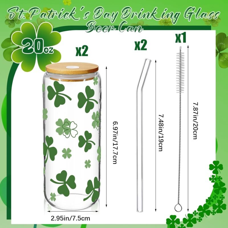 Maxcheck 2 Pcs 20 Oz Ice Coffee Cup Drinking Glasses Cup Beer Glass Iced Coffee Glasses with Bamboo Lids Glass Straw and Cleaning Brushes for Cocktail Beer Soda (St. Patrick's Day) - Image 3