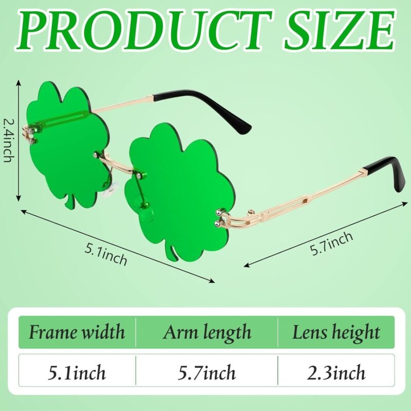 3 Pairs St. Patrick's Day Glasses Irish Shamrock Sunglasses Rimless Leprechaun Costume Glasses Green Four Leaf Clover Glasses for Women Men Disco Rave Party Gift Accessories - Image 2