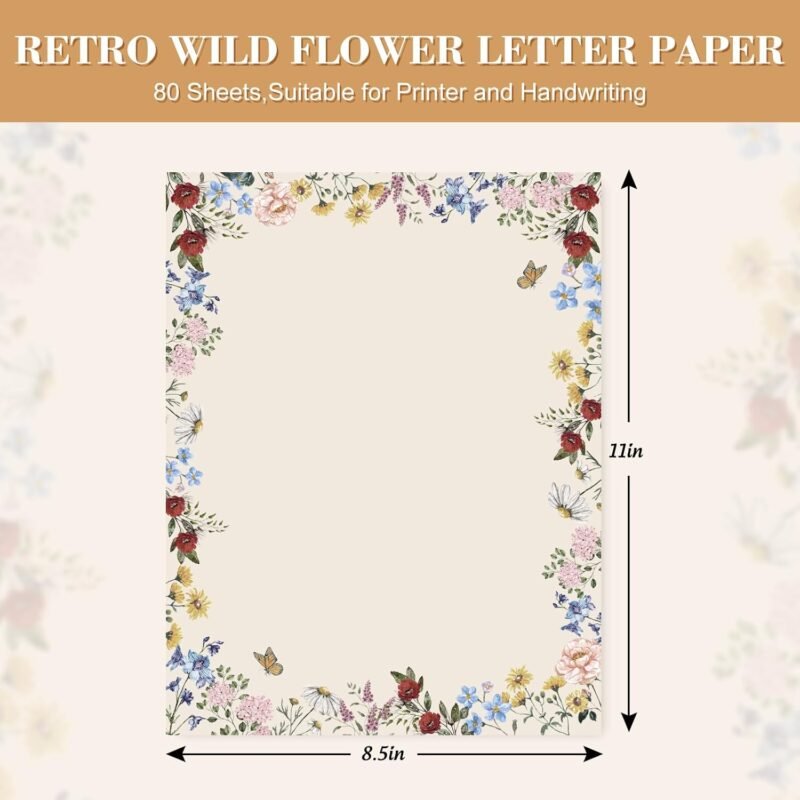 AnyDesign 80 Pack Floral Stationery Letterhead Paper Vintage Floral Letter Paper Wildflower Writing Paper Notes Greeting Paper for Wedding Birthday Invitation Office Printing Supplies, 8.5 x 11 Inch - Image 2