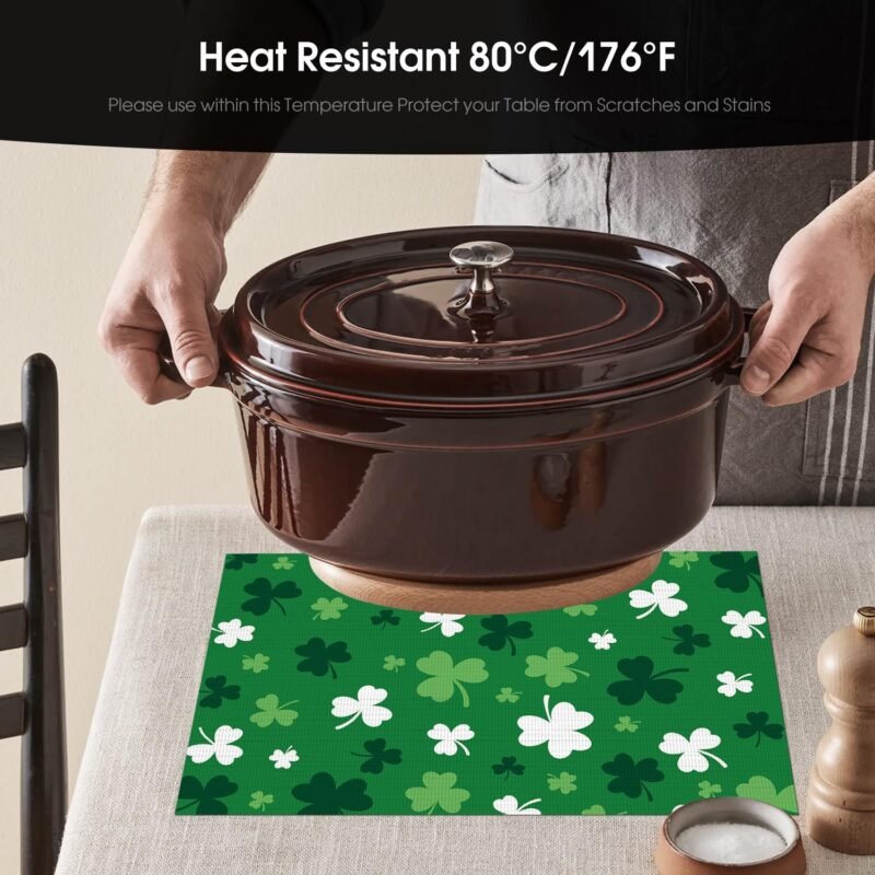 Artoid Mode Green Shamrock Vinyl St. Patrick's Day Placemats Set of 4, 12x18 Inch Wipeable Non-Slip Spring PVC Place Mats for Party Kitchen Dining Decor - Image 4