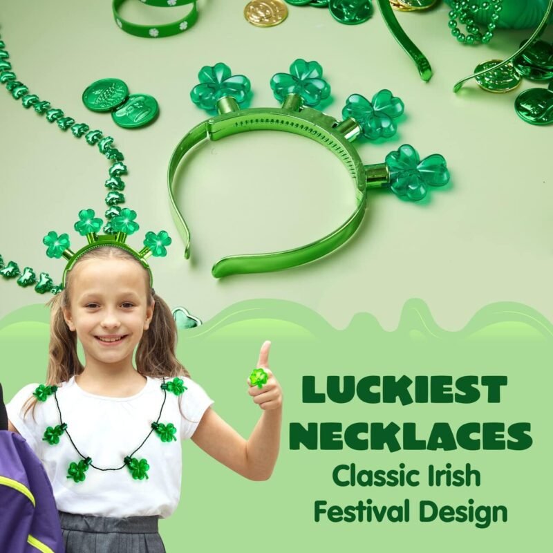 JOYIN 15 Pack St Patrick's Day Plastic Light Up LED Shamrock Necklace Headband Bracelet Rings Set, Green Irish Clover Shamrock Accessories for St. Patrick's Day Party Costume Favors Supplies - Image 4