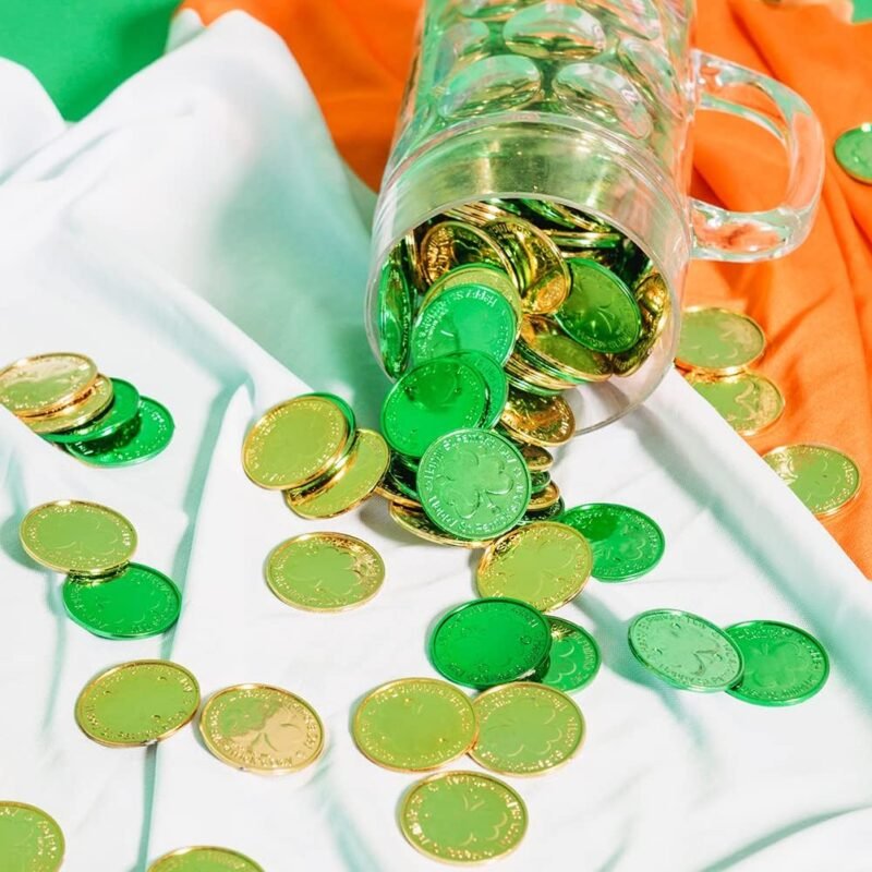 DINESIL St. Patrick's Day Gold Coins, 120 Pieces Gold Green Lucky Coins Plastic Shamrock Leprechaun Coins, 3-Leaf Clover Coin Table Scatter Decoration for St. Patrick's Day Party Favors - Image 7