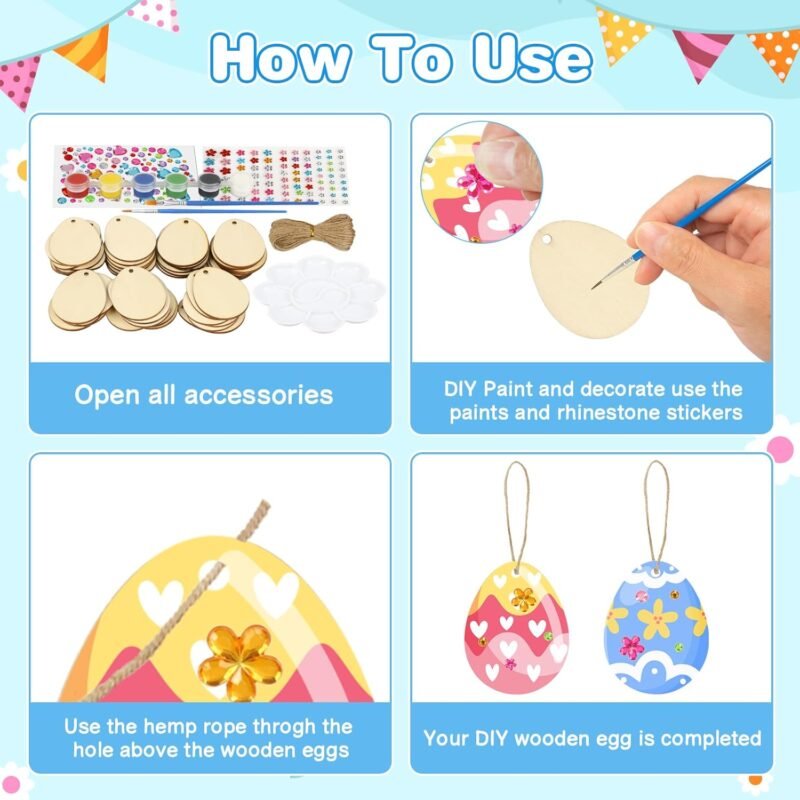 Fennoral 50 Pack Wooden Easter Egg Craft Kit for Kids Make You Own Easter Egg Easter Egg Hanging Ornaments DIY Easter Art and Craft for Girls Boys Art Project Easter Decoration - Image 3