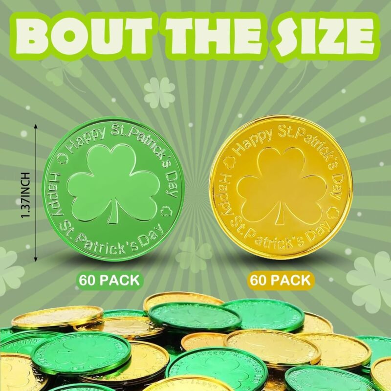 120 Pieces St. Patrick's Day Shamrock Gold Coins, Plastic Clover Coins for Party Decorations, Saint Patty's Day Decor Favors (Gold & Green) - Image 2