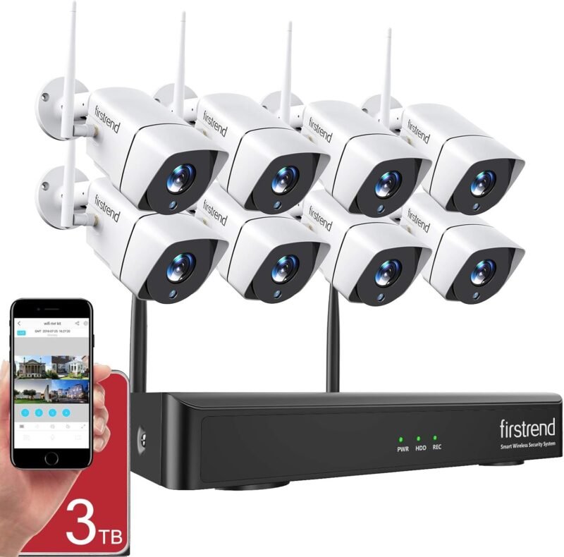 1080P Wireless Security Camera System, Firstrend 8CH Wireless NVR System with 8 pcs 1080P HD Security Camera and 3TB Hard Drive Pre-Installed, CCTV P2P for Indoor Outdoor for Home