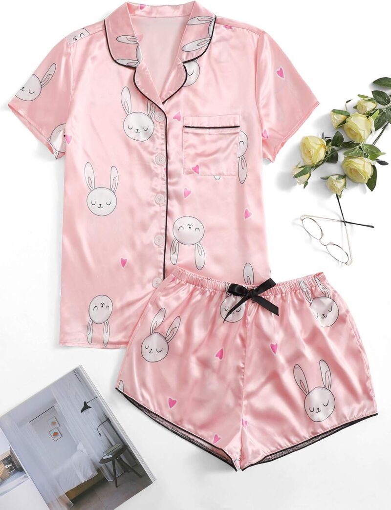 WDIRARA Women's Sleepwear Satin Short Sleeve Shirt and Shorts Pajama Set - Image 6
