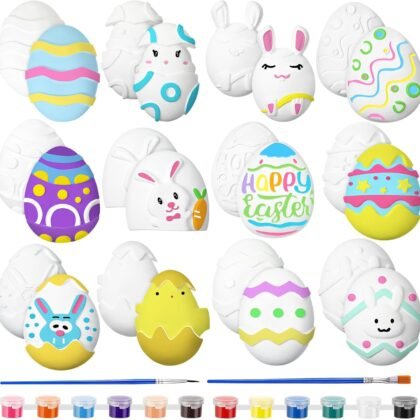 Pasimy 12 Pcs Easter Eggs Painting Kit Paint Your Own White Easter Egg Coloring Craft Kits DIY Basket Stuffers Eggs Art and Craft Kits for Theme Party Creativity Activities