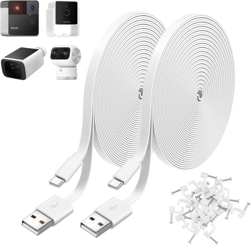 Uogw Type C Cable Compatible with Petcube Cam Indoor/Petcube Cam 360/TP-Link Tapo C120,Blink mini2,Blink Outdoor 4,USB to Type C Power Cord,10Ft Flat Power Extension Cable(2Pack,White)