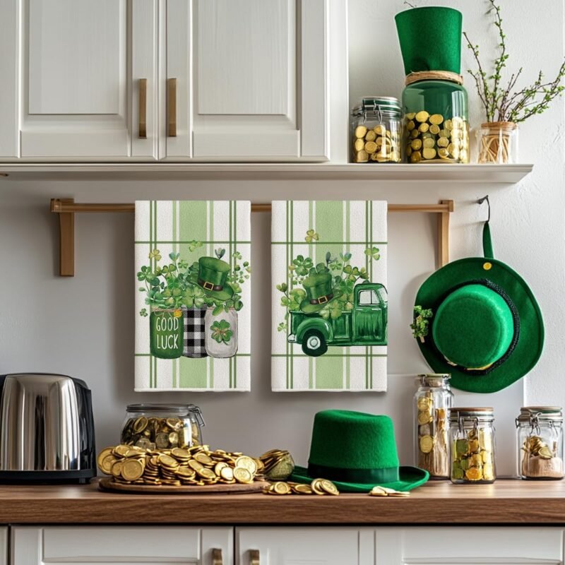 Artoid Mode Truck Hat Lucky Shamrock Bottles St. Patrick's Day Kitchen Towels Dish Towels, 18x26 Inch Farmhouse Spring Decoration Hand Towels Set of 2 - Image 2