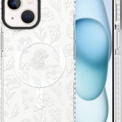 SAKUULO Floral Case for iPhone 15, Clear Case with Flower Branch Pattern Cute Cover Case Slim Soft Silicone Shockproof Phone Case Compatible with Magsafe,Transparent White
