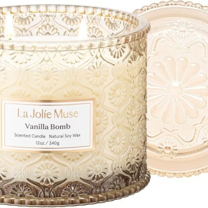LA JOLIE MUSE Vanilla Candle, Scented Candles for Home, Large 2-Wick Soy Candles, Candle Gifts for Women & Men, Luxury Jar Candles, 60 Hours Long Burning, Vanilla Bomb, 12oz
