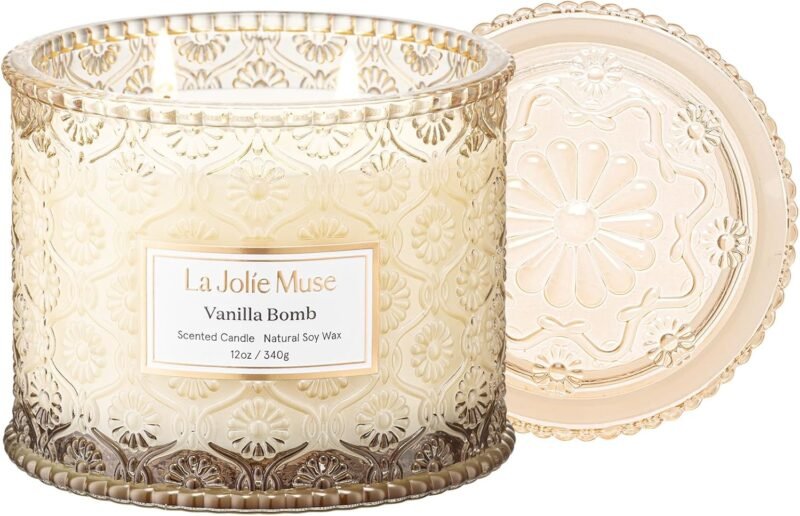 LA JOLIE MUSE Vanilla Candle, Scented Candles for Home, Large 2-Wick Soy Candles, Candle Gifts for Women & Men, Luxury Jar Candles, 60 Hours Long Burning, Vanilla Bomb, 12oz