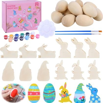 24pcs Easter Paintable Easter Eggs Decorating Kit,DIY Wooden Easter Crafts Set Paint Your Own Easter Egg Bunny Gnome Easter Basket Stuffers Party Favors Activities Gifts Spring Home Decorations