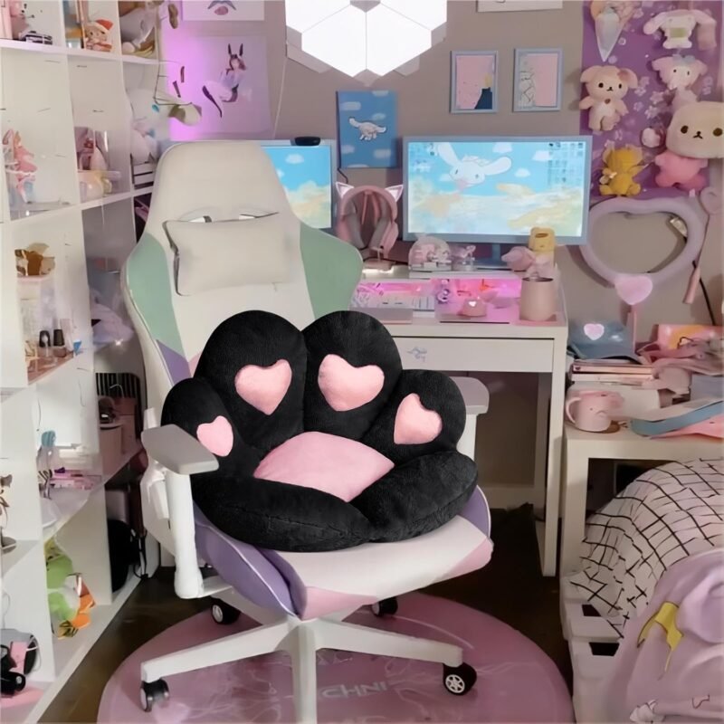 Ditucu Cat Paw Cushion Kawaii Chair Cushions 27.5 x 23.6 inch Cute Stuff Heart-Shaped Seat Pad Comfy Lazy Sofa Office Floor Pillow for Gaming Chairs Room Decor Black - Image 4