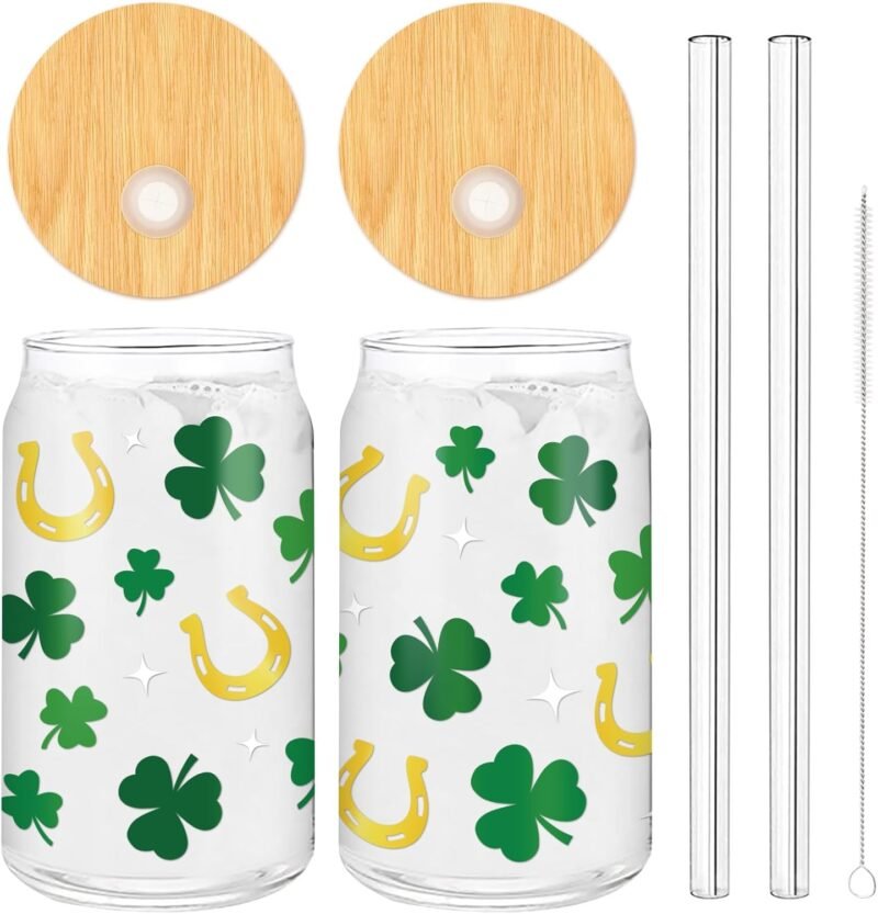 2 Pack St. Patrick's Day Drinking Glasses Gold Foil Shamrock Horseshoe Drinking Glasses 16oz Lucky Clover Glass Cup with Lids and Straw for Cocktails Whiskey Beer Soda