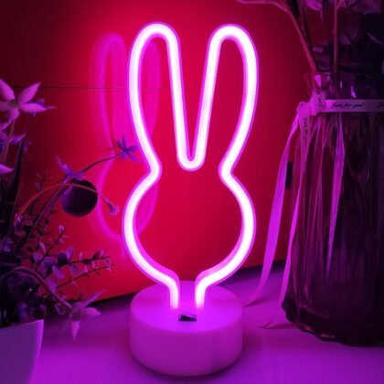 JYWJ Rabbit Ears Neon Sign With Holder Base,USB or 3-AA Battery Powered Neon Light,LED Desktop Wall Decoration,Various Parties,Decoration Of Business Premises (Pink)