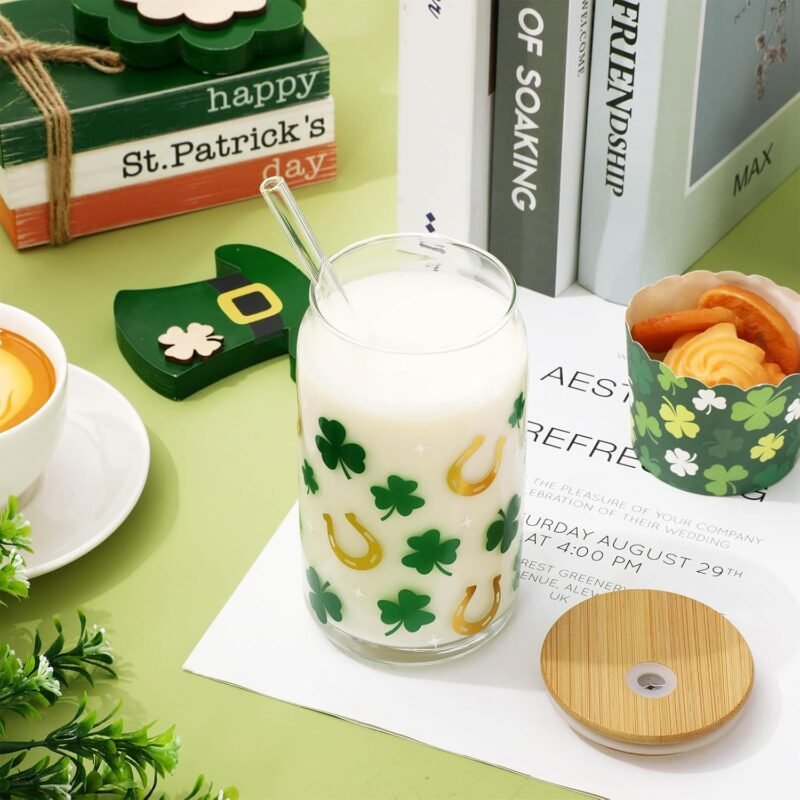 2 Pack St. Patrick's Day Drinking Glasses Gold Foil Shamrock Horseshoe Drinking Glasses 16oz Lucky Clover Glass Cup with Lids and Straw for Cocktails Whiskey Beer Soda - Image 3