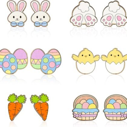 Whaline 6 Pairs Easter Wooden Earring Studs Bunny Rabbit Egg Shaped Earrings Cute Wood Earrings for Women Spring Birthday Party Jewelry Gift Accessories