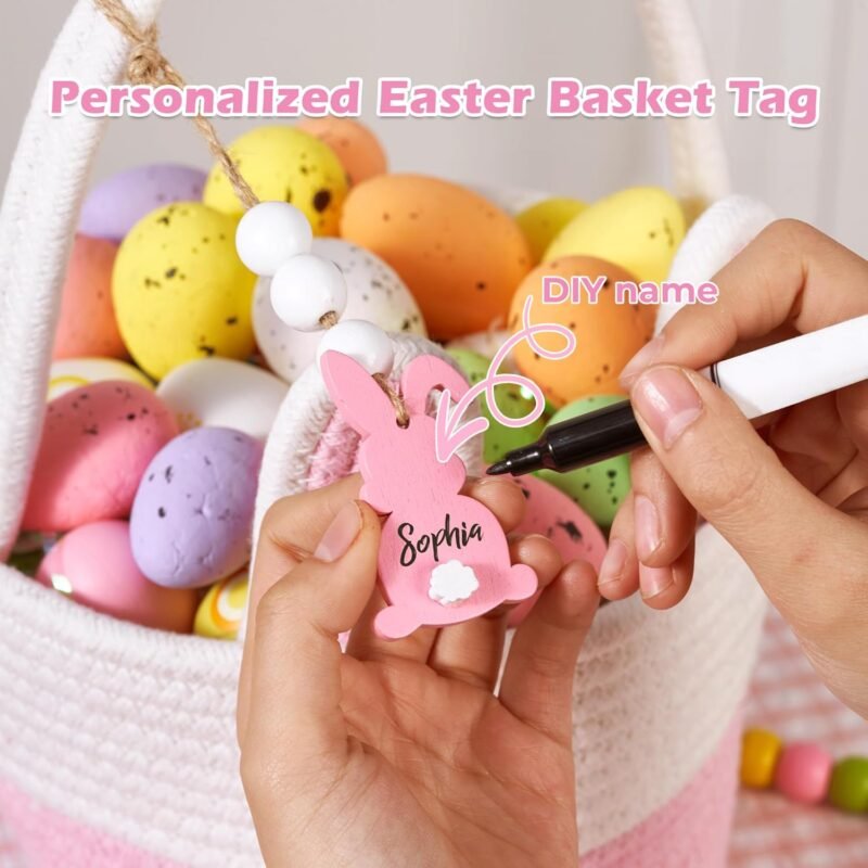Easter Baskets for Kids, Pink Large Woven Rope Bunny Personalized Easter Basket Empty with Handle, Basket Name Tag, Baby Egg Easter Baskets for Girls, Boys, Toddler, Babies, Infant, Easter Gifts - Image 2