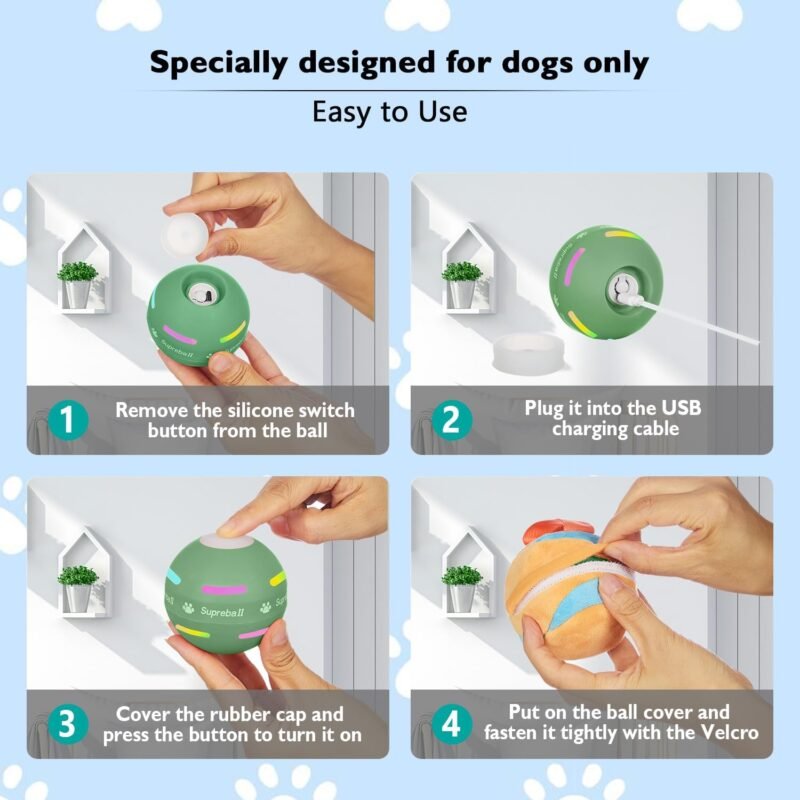 Dog Balls,The 3rd Generation Interactive Toys for Puppy/Small/Medium/Large Dogs,Improved Dog Rolling Effect Tennis Ball with Strap, Tough Motion Activated Automatic Moving Dog Toys (Green) - Image 6