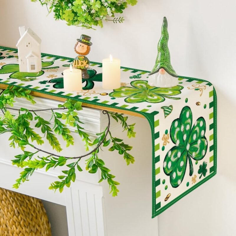 Artoid Mode Four Leaf Clover Shamrocks St. Patrick's Day Table Runner, Lucky Stripes Kitchen Dining Table Decoration for Home Party Decor 13x120 Inch - Image 7