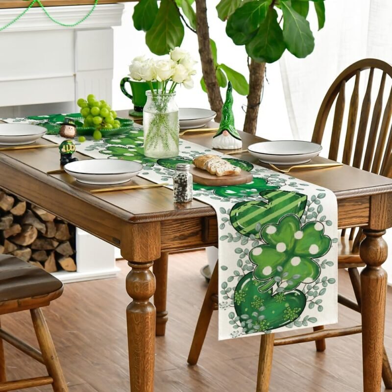 Artoid Mode Shamrock Eucalyptus Heart St. Patrick's Day Table Runner,Seasonal Spring Kitchen Dining Table Decoration for Home Party Decor 13x60 Inch - Image 3