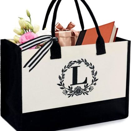 BeeGreen Gift Basket Monogram Initial Canvas Tote Bag with Pocket Embroidery Personalized Tote for Mom Teacher Friend