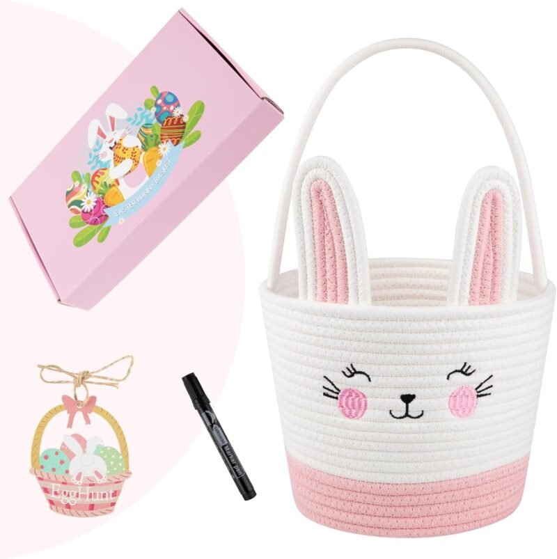 Personalized Easter Basket for Toddler, Woven Baby Easter Gifts basket with Handle, Empty Bunny Egg Basket for Girls Boys Kids, Pink&White - Image 8