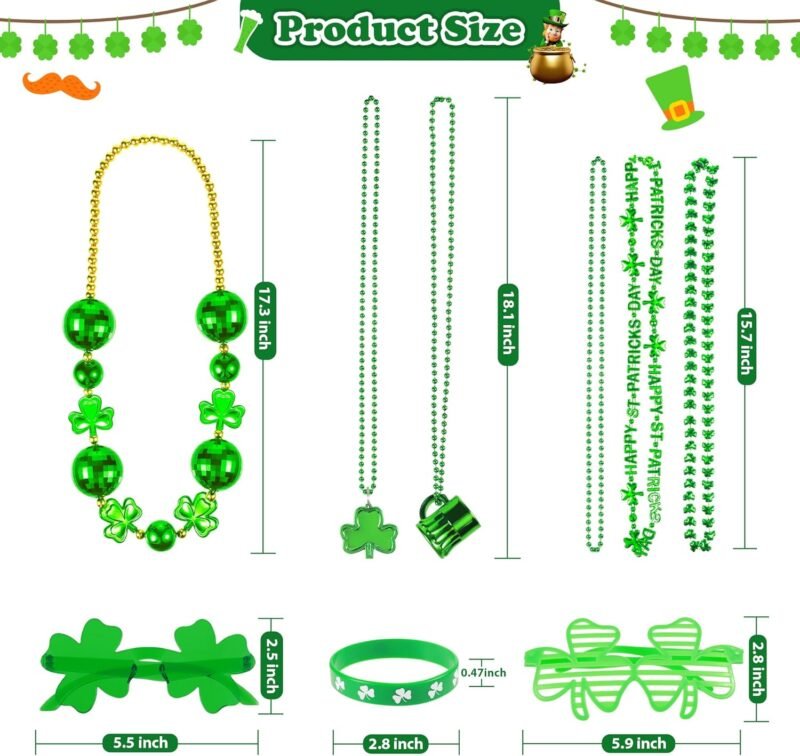 50 Pcs St. Patricks Day Accessories, Dressing-up St. Patricks Day Supplies Set with Green Shamrock Glasses, Shamrock Necklaces, Rubber Bracelets, St. Patricks Day Decorations Party Favors - Image 3