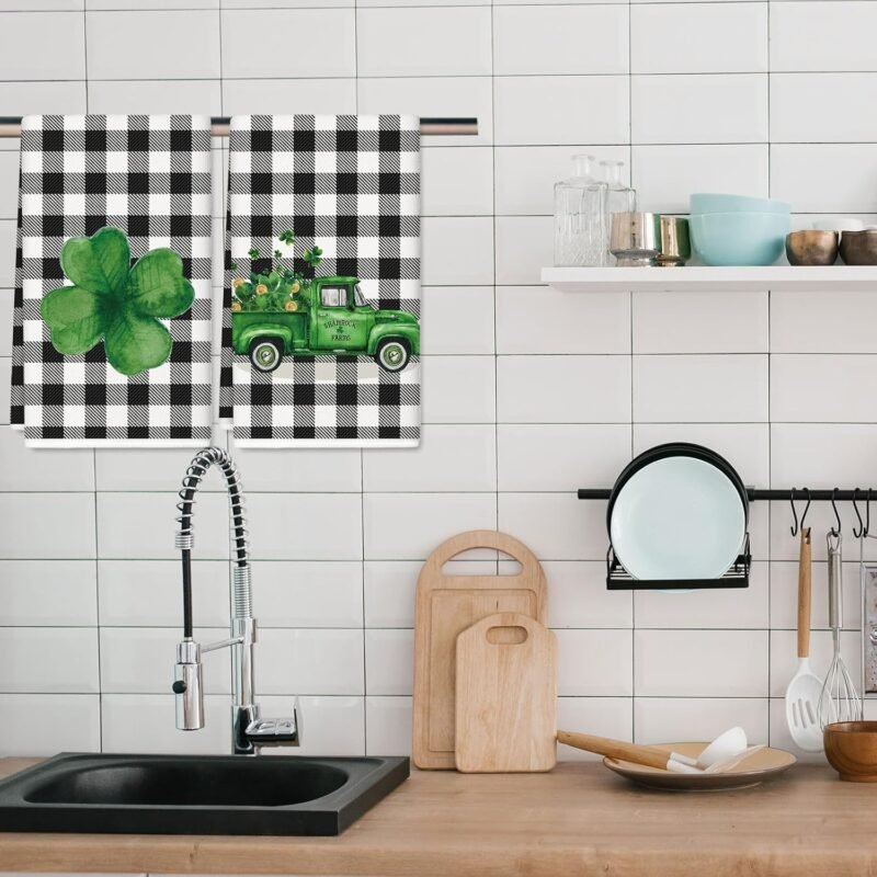 AnyDesign St. Patrick's Day Kitchen Towel Shamrock Clover Truck Dish Towel 18 x 28 Inch Black White Buffalo Plaid Hand Drying Tea Towel for Cooking Baking Party Supplies, 2Pcs - Image 5