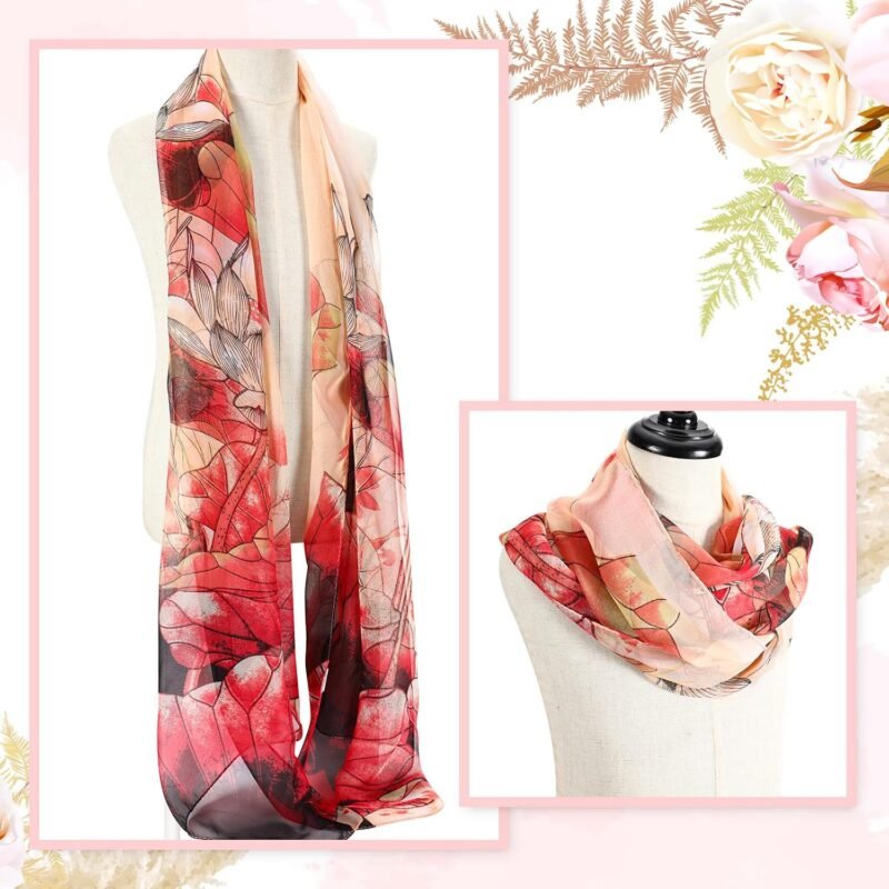 Xtinmee 8 Pcs Lightweight Summer Scarfs for Women Ultra Thin Scarves Floral Pattern Dressy Scarf Lotus Print Long Chiffon Georgette Thin Shawl Scarves Women Holiday Gifts Present Head Neck Hair Wrap - Image 3