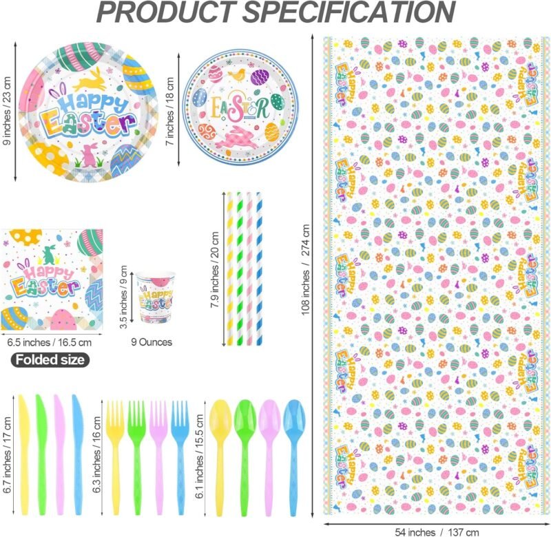 durony 194 Pieces Easter Colorful Tableware Set Dinnerware Bundle Including Paper Plates Cups Napkins Straws Plastic Cutlery Tablecloth for Easter Party Supplies Decorations, Serves 24 Guests - Image 2