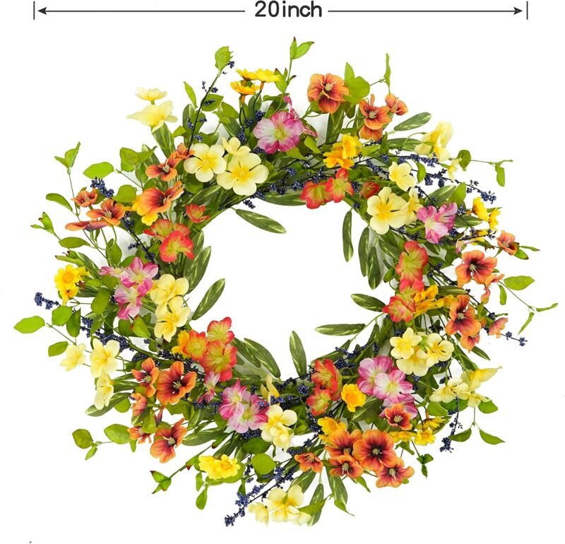 20 inch Spring Summer Wreaths for Front Door Floral Wreath with Colorful Wildflowers,Eucalyptus Leaves,Olive Leaves,Small Berries for Indoor Outdoor Farmhouse Home Wall Window Festival Decoration - Image 4