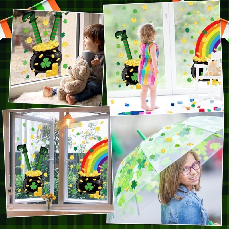 St Patricks Day Window Clings Stickers Green Lucky Shamrock Window Stickers Irish Party Window Art Seasons Decals for St Patricks School Home Office Accessories Toddlers Party Supplies (St. Patrick's) - Image 6