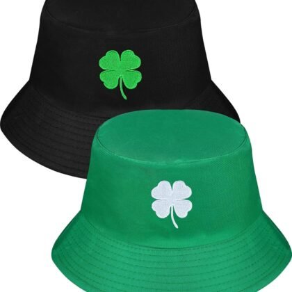 2 Pcs Bucket Hat for Women Men St. Patrick's Day Unisex Clover Sun Cap Irish Fisherman Hat Reversible Outdoor Hat for St. Patrick's Day Accessories