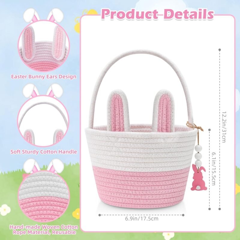 Easter Baskets for Kids, Pink Large Woven Rope Bunny Personalized Easter Basket Empty with Handle, Basket Name Tag, Baby Egg Easter Baskets for Girls, Boys, Toddler, Babies, Infant, Easter Gifts - Image 4