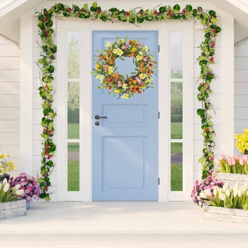 20 inch Spring Summer Wreaths for Front Door Floral Wreath with Colorful Wildflowers,Eucalyptus Leaves,Olive Leaves,Small Berries for Indoor Outdoor Farmhouse Home Wall Window Festival Decoration - Image 2