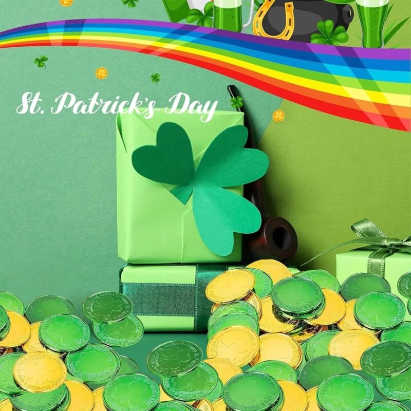 120 Pieces St. Patrick's Day Shamrock Gold Coins, Plastic Clover Coins for Party Decorations, Saint Patty's Day Decor Favors (Gold & Green) - Image 6