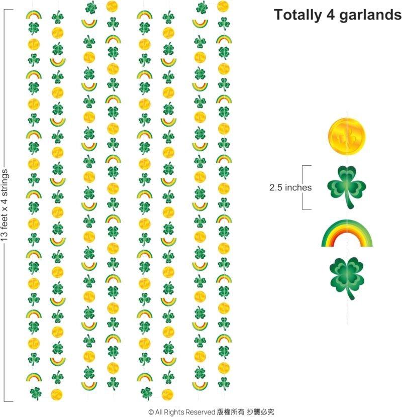 Cheerland St Patrick’s Day Garland Green Gold Clover Rainbow Gold Coin Shamrock Charm Backdrop Decoration fFor St Patricks Day Theme Birthday Irish Party Supplies - Pack of 4 - Image 2