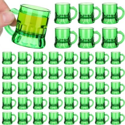 48 Pcs St Patricks Day Green Mini Plastic Beer Mug Irish Shot Glasses with Handles Irish Gifts Party Favors Green Plastic Miniature Beer Cup for Saint Patty's Day Celebration