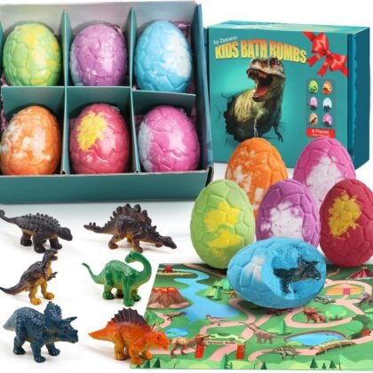 Bath Bombs for Kids with Toys Inside, 6 Organic Bubble Bath Bombs with Surprise Inside & Dinosaur Themed Mat, Dinosaur Bath Bombs for Kids 3 4 5 6 7 8 9 Years, Kids Boys Girls Easter Baskets Stuffers