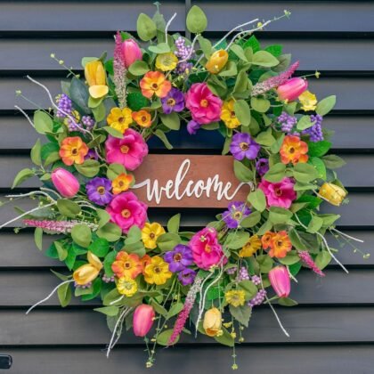 Spring Wreaths for Front Door Outside,24 Inch Summer Tulip Floral Wreath,Indoor Outdoor Green Eucalyptus Welcome Wreath with Colorful Wildflowers –Vibrant, Lifelike Wall Porch Door Decor
