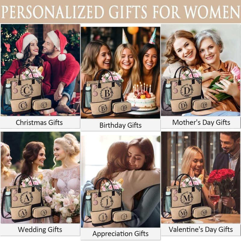 Personalized Gifts for Women Tote Bag, Initial Jute Tote Bag & Makeup Bags Monogrammed Beach Bag w/ Zipper, Birthday Gifts Mothers Day Gifts for Mom Women Her Friend Sister Wife Grandma Teacher Nurse - Image 5