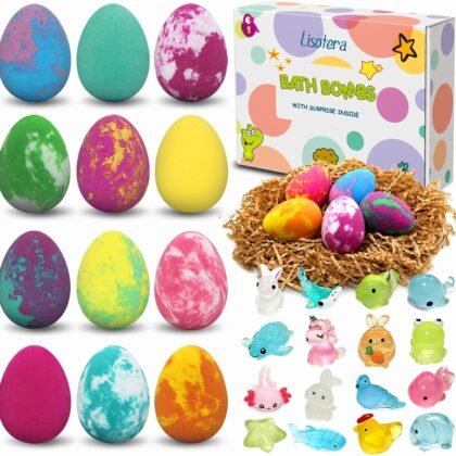 Easter Egg Bath Bombs for Kids with Toys Surprise Inside, Kids Bath Bombs Gift for Birthday Christmas, 12Pcs Children Bubble Bath Fizz Dino Egg Gift Set for Girls and Boys Easter Basket Stuffers
