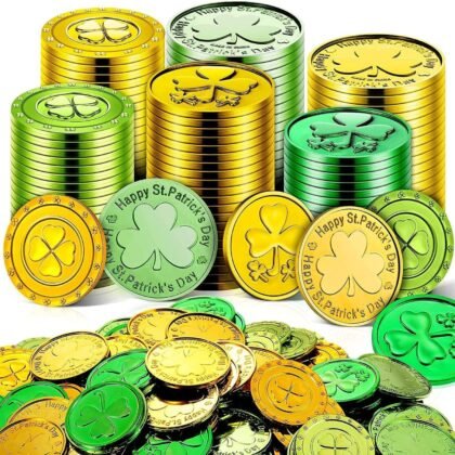 St Patricks Day Gold Coins, 120 Pcs Gold and Green Lucky Coins Plastic Shamrock Leprechaun Coins, St Patricks Day Decorations for Irish St. Patrick's Day Party Table Decorations