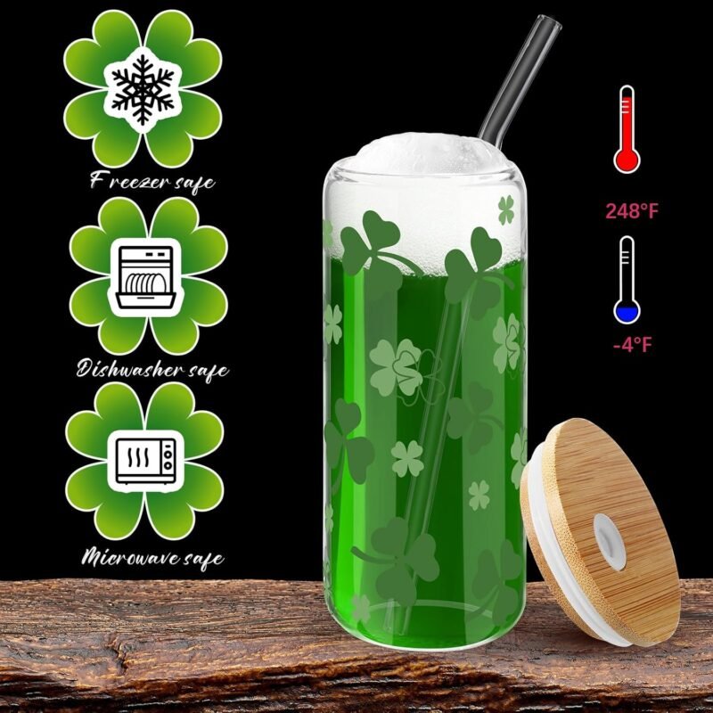 Maxcheck 2 Pcs 20 Oz Ice Coffee Cup Drinking Glasses Cup Beer Glass Iced Coffee Glasses with Bamboo Lids Glass Straw and Cleaning Brushes for Cocktail Beer Soda (St. Patrick's Day) - Image 4