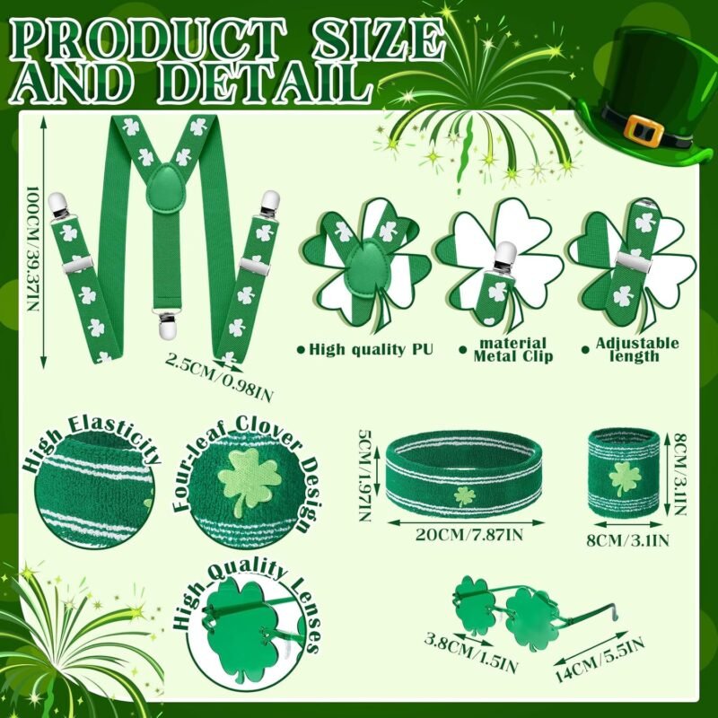 7 Pcs St Patrick's Day Costume Accessories Shamrock Outfit Irish Fanny Pack with Drink Holder Green Adjustable Suspender Sweatband Sunglasses Wristband St Patty's Gift for Women Dress up - Image 2