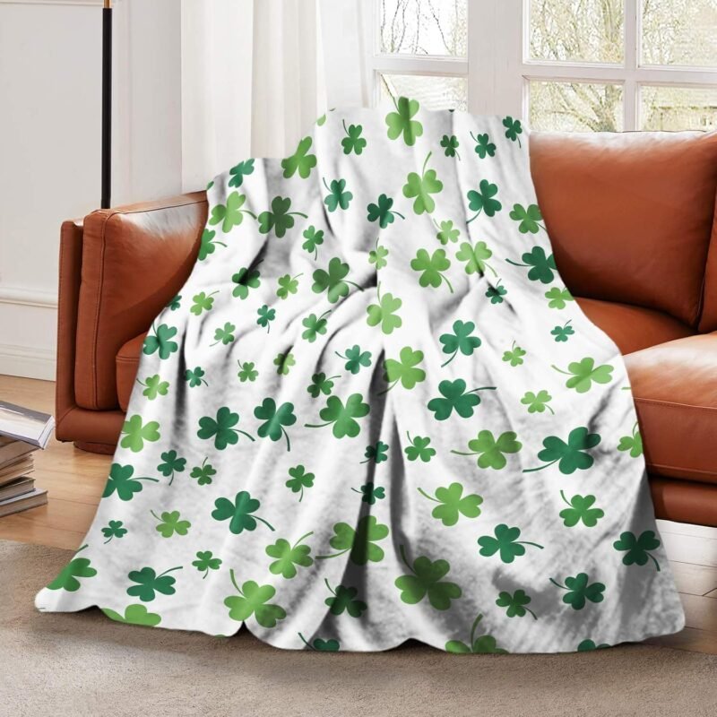 JOOCAR Flannel Throw Blanket St Patricks Day Lucky Spring Green Clover Shamrock Cozy&Soft Plush Blankets for Bed Couch Living Room Sofa Chair - Image 3